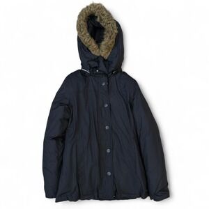 Vintage Gap Black Quilted Lined Down Puffer Jacket Faux Fur Hood Women's XS Y2K